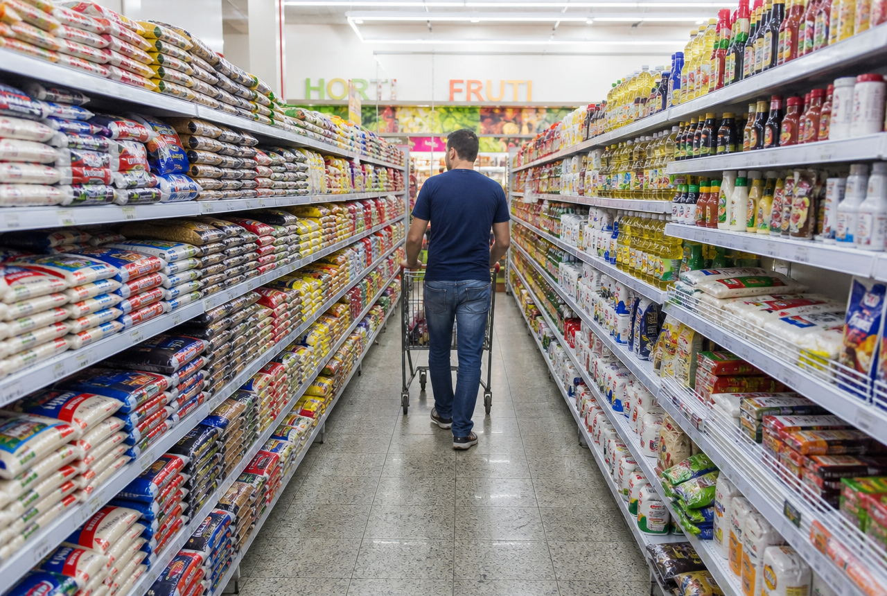 Corredor de supermercado com prateleiras de produtos de mercearia e cliente empurrando carrinho.